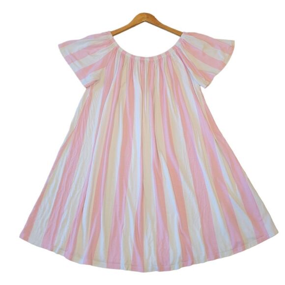ASOS Pink White Stripe Cabana Candy Stripe Off Shoulder Short Sleeve Dress 8 - Picture 3 of 12